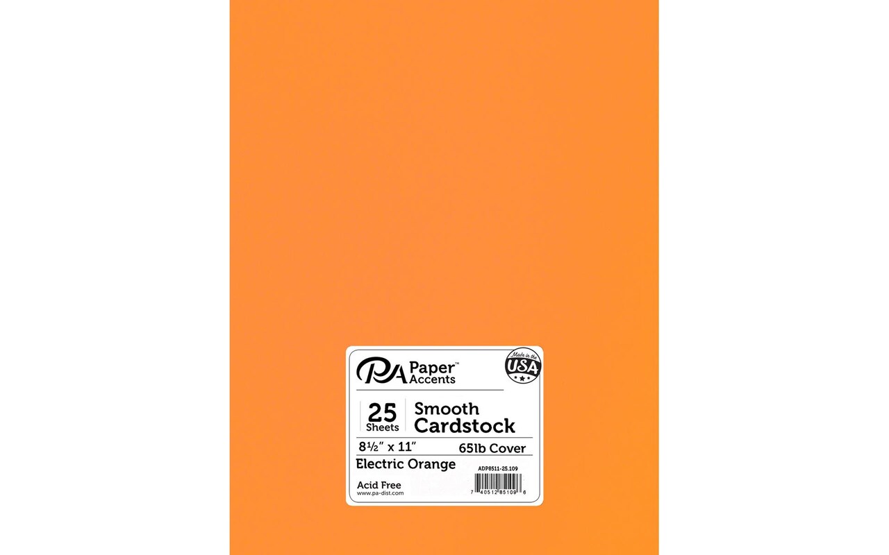 PA Paper Accents Smooth Cardstock 8.5" x 11" Electric Orange, 65lb colored cardstock paper for card making, scrapbooking, printing, quilling and crafts, 25 piece pack